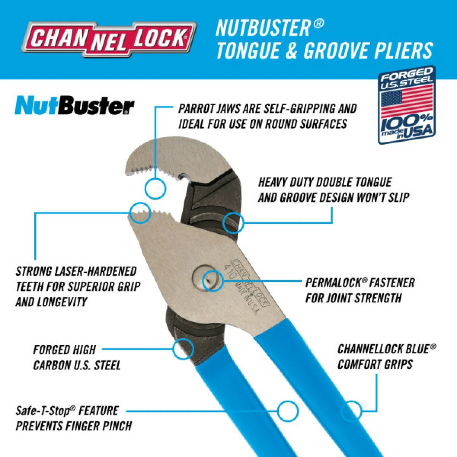 Channellock 410 9.5-Inch Nutbuster Parrot Nose Tongue & Groove Pliers - Image 4