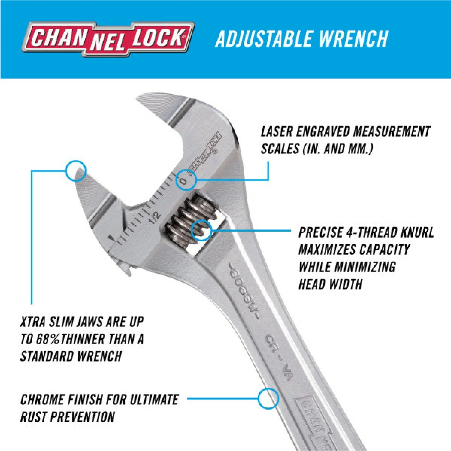 Channellock 806SW 6-inch Precision Adjustable Wrench with Extra Slim Jaw - Image 5