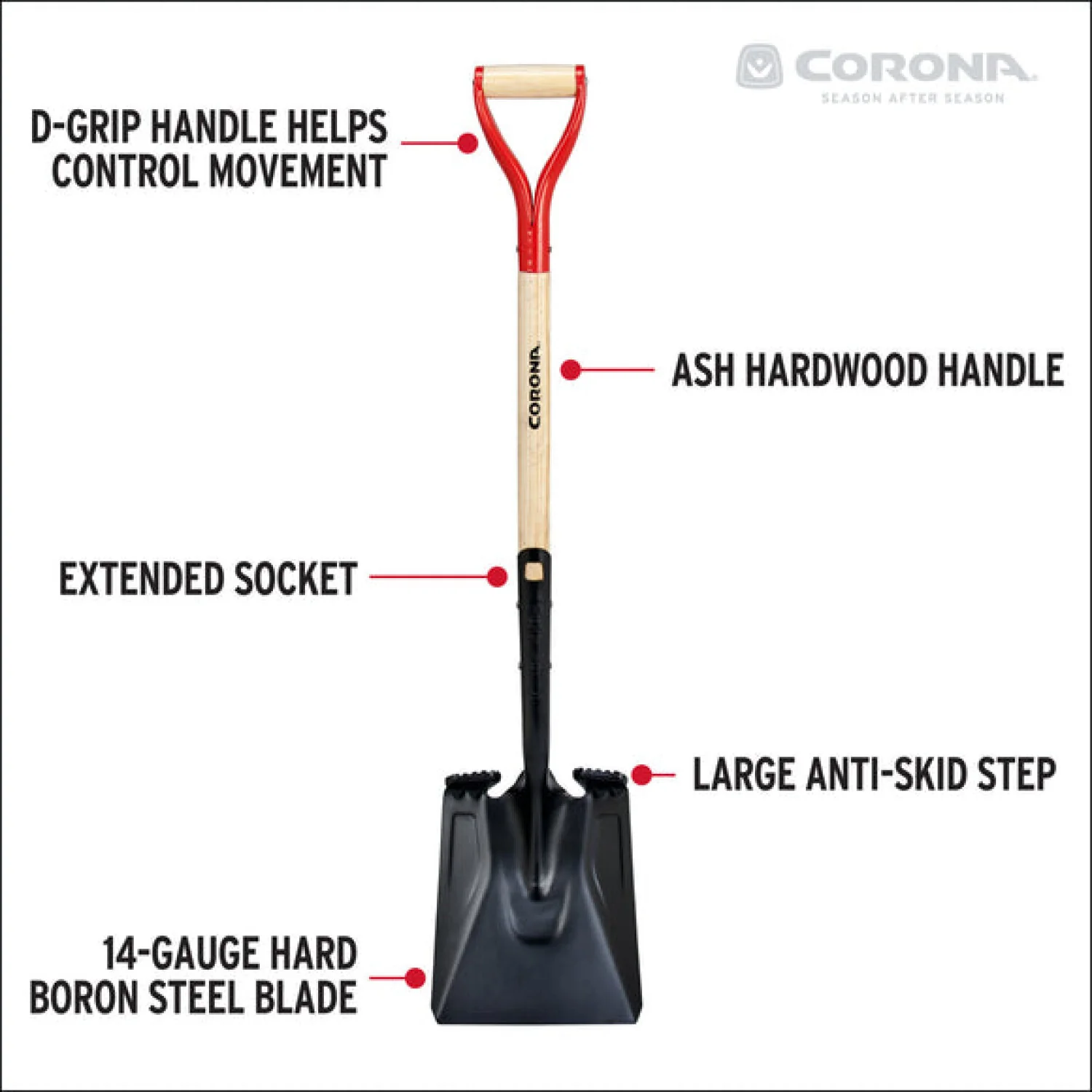 Corona SS16001 Square Point Hardwood D Grip Shovel, 14 Gauge - Image 4