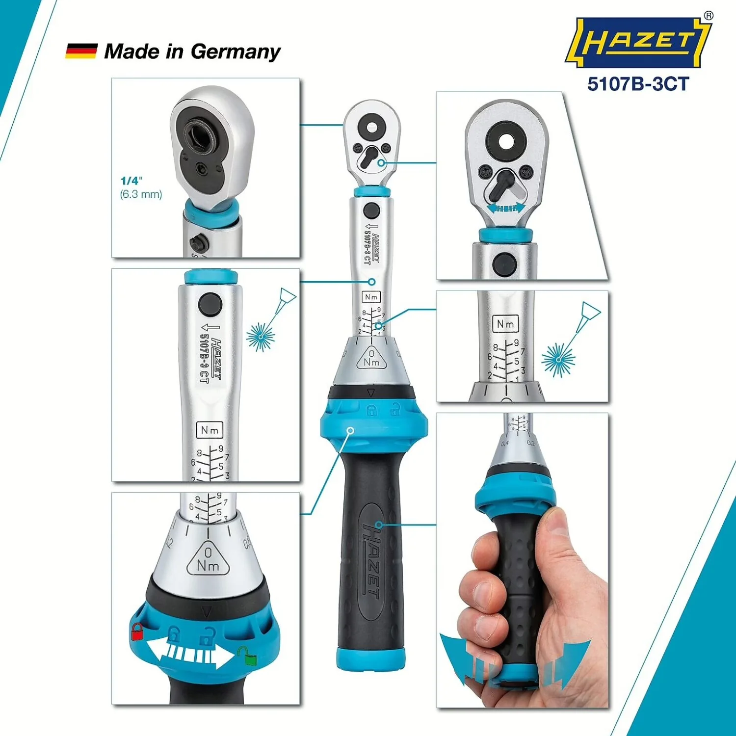 Hazet 5107B-3CT 1/4 inch (6.3 mm) hexagon ∙ hollow Torque wrench with reversible ratchet for screwdriver bits ∙ 1 – 9 Nm ∙ ±4% - Image 5