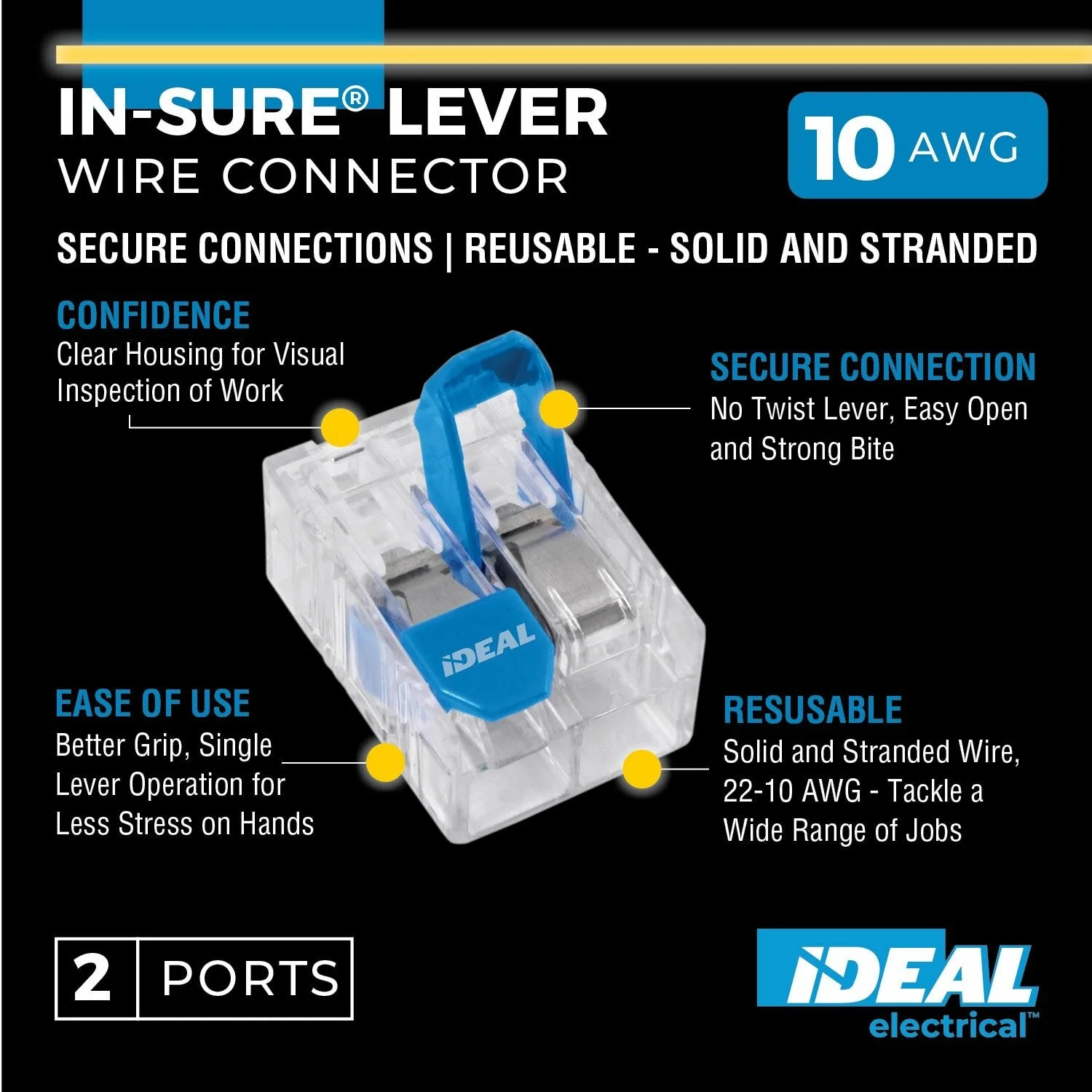 Ideal 30-10L32 In-Sure Lever Wire Connector, 10 AWG, 2-Port, 100 Box - Image 3