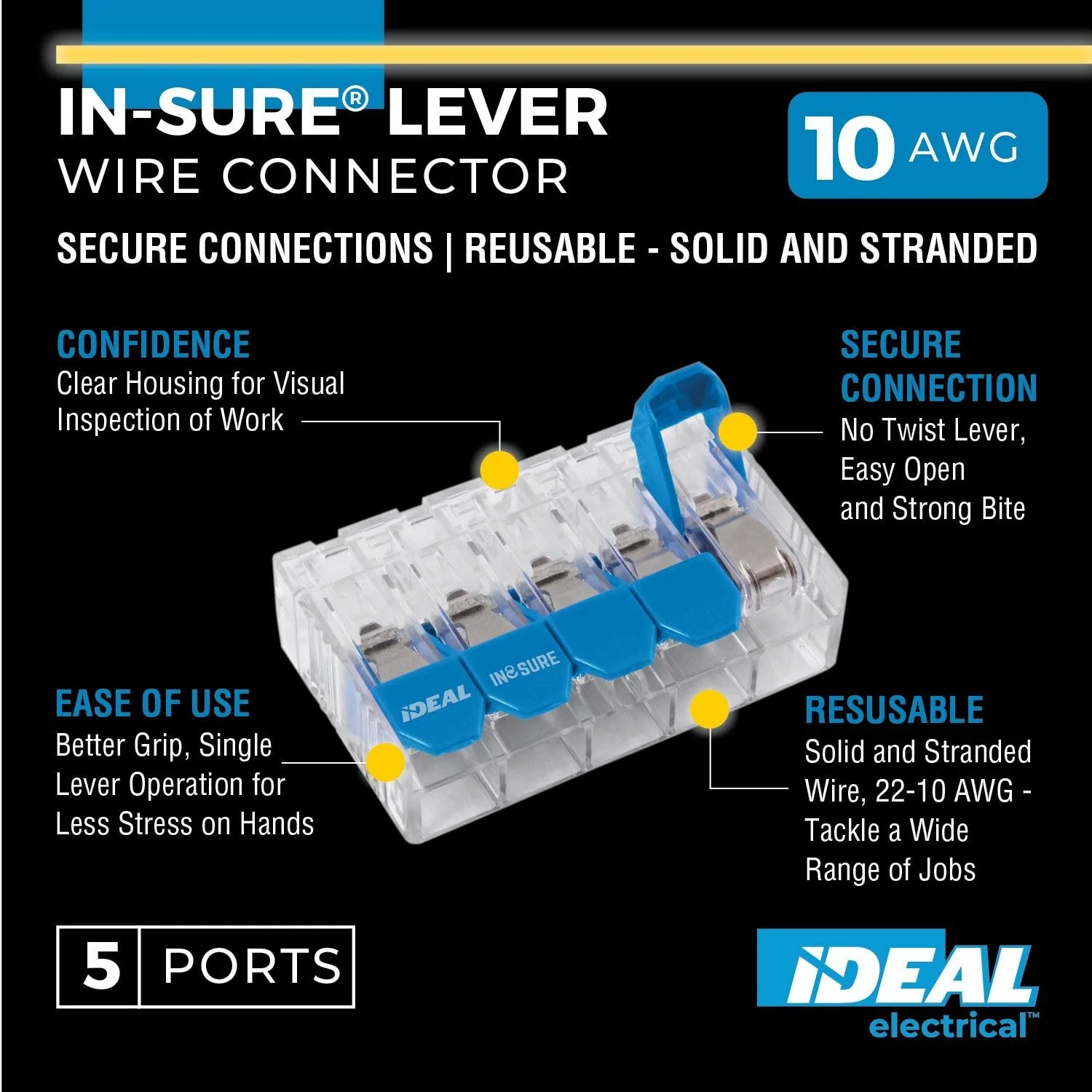Ideal 30-10L35 In-Sure Lever Wire Connector, 10 AWG, 5-Port, 50 Box - Image 3