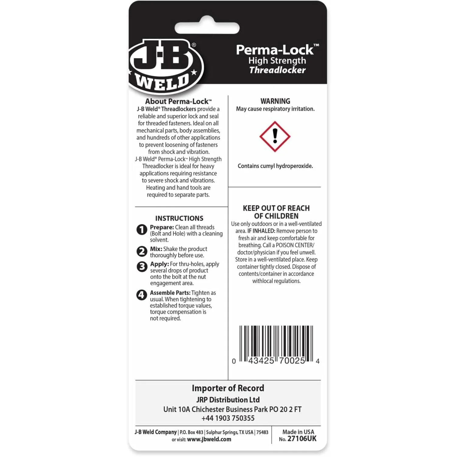 J-B Weld 27106 Perma-Lock High Strength Threadlocker - Red - 6 ml - Image 3