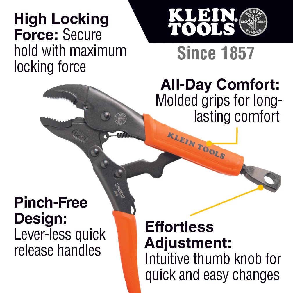 Klein Tools 38665 Locking Pliers, Long Nose 6", Curved Jaw 7" & 10", 3 Pc. - Image 7