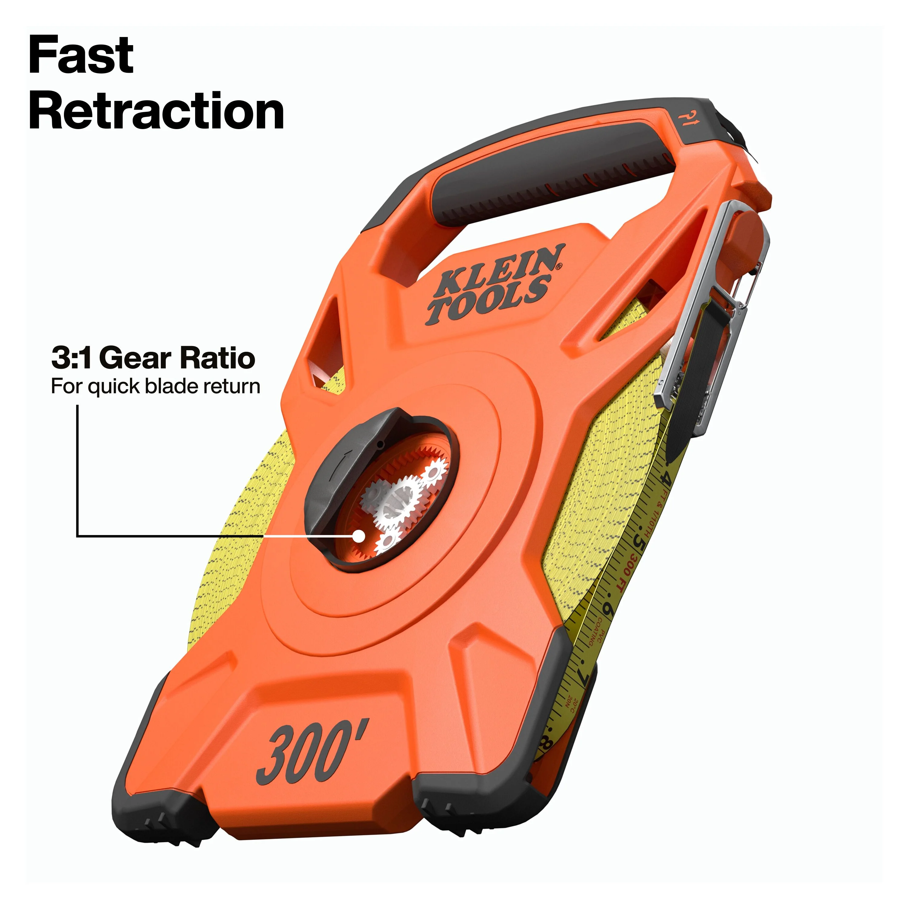 Klein Tools 94300RT 300-Foot Open Reel Tape Measure with Single Hook and Carabiner - Image 3