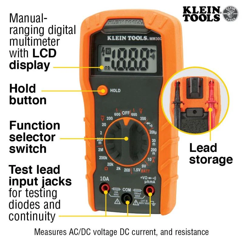 Klein Tools MM300 Digital Multimeter, Manual-Ranging, 600V - Image 8