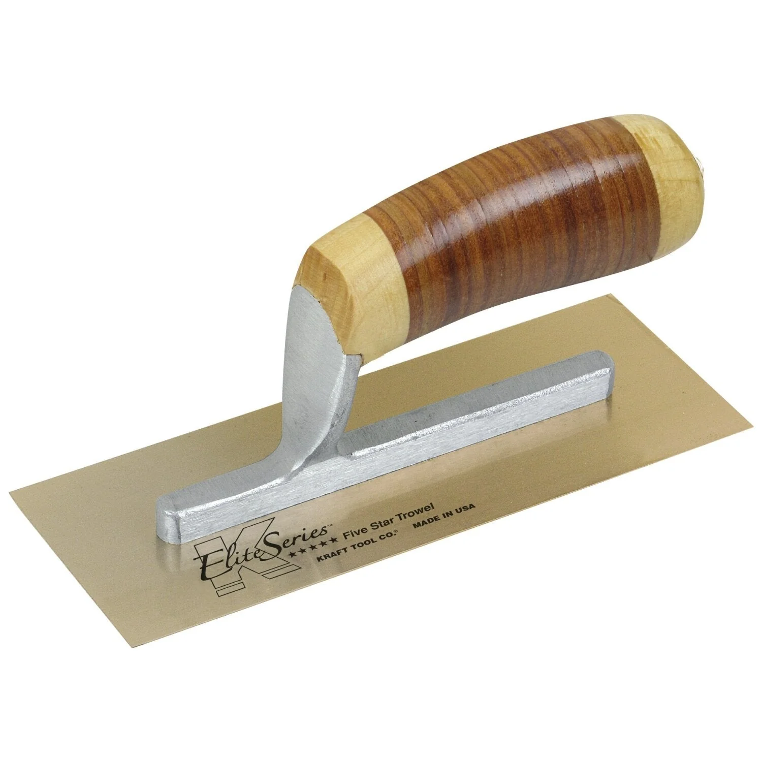 Kraft Tool PLE411L Elite Series Five Star 8" x 3" Golden Stainless Steel Midget Trowel with Leather Handle
