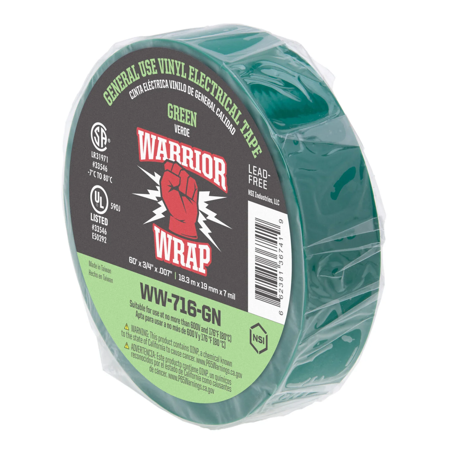 NSI WW-716-GN General Use Green Vinyl Electrical Tape, 7mil, 60ft Long - Image 2