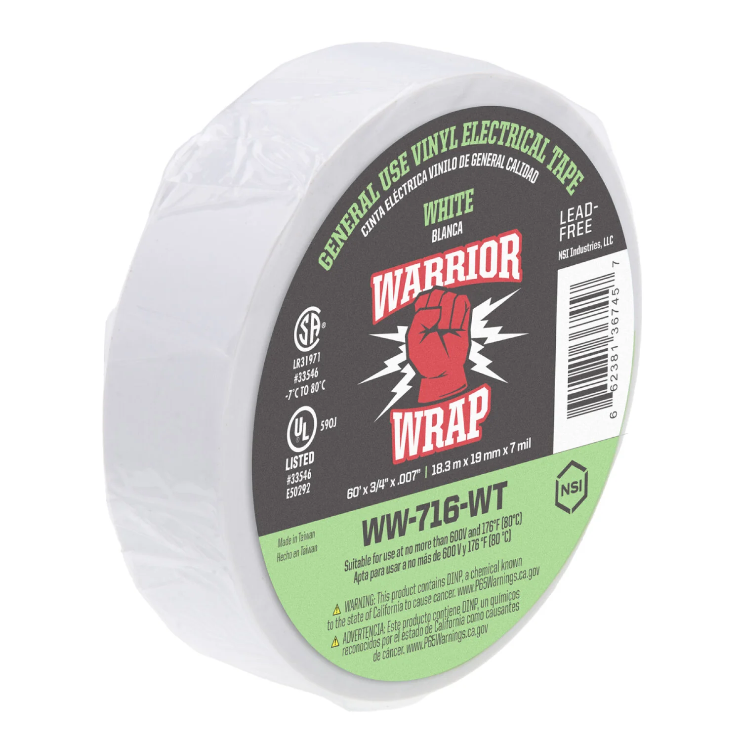 NSI WW-716-WT General Use White Vinyl Electrical Tape, 7mil, 60ft Long - Image 5