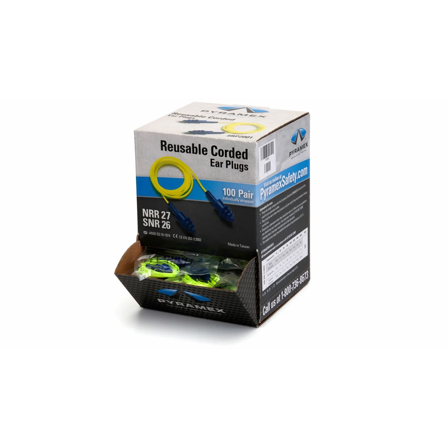 Pyramex RP2001 Yellow Corded Triple Flange Re-Useable Blue Plug- NRR 27db -100 Pair/Box - Image 2