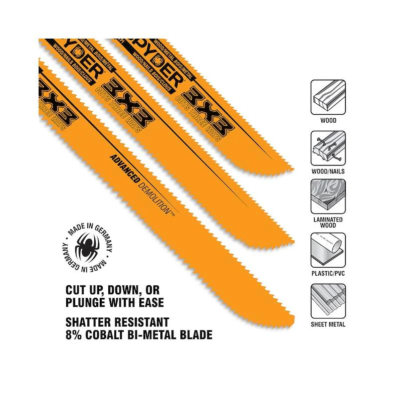 Spyder 200228 3x3 High Speed Steel Wood Cutting Demolition Reciprocating Saw Blade (5-Pack) - Image 2