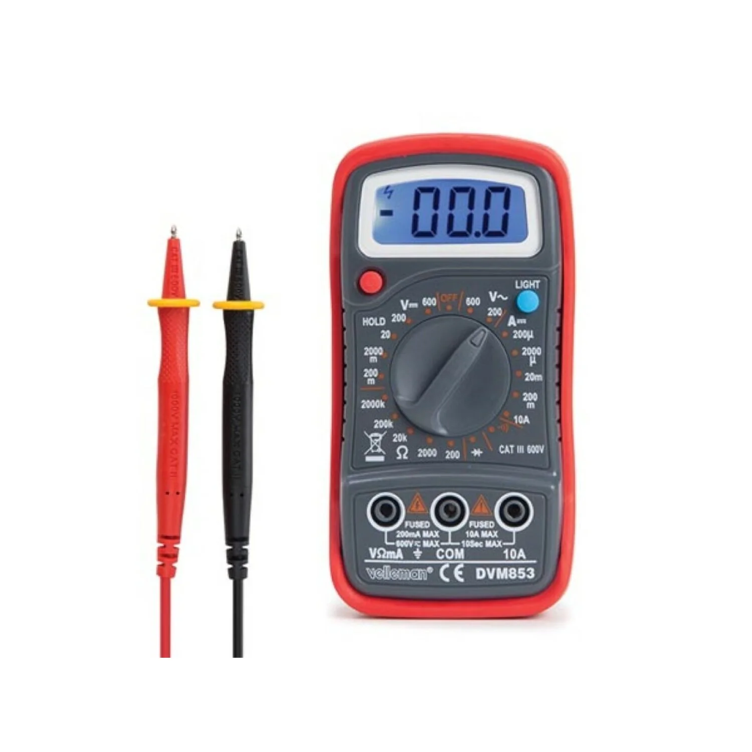 Velleman DVM853 Digital Multimeter - Cat. Iii 300 V / Cat. Ii 500 V - 1999 Counts - Data Hold / Backlight / Buzzer Functions