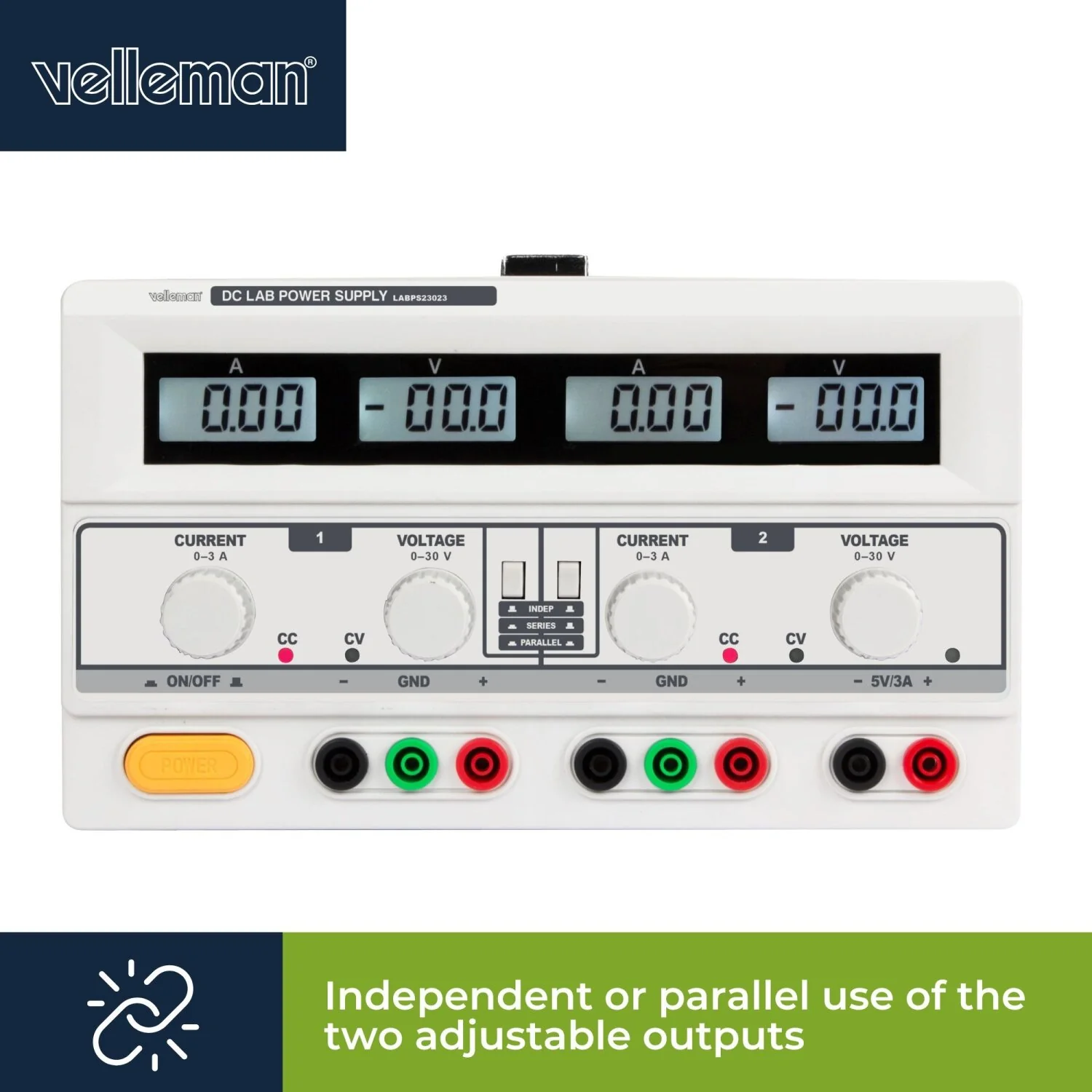Velleman LABPS23023 Dual Dc Lab Power Supply 2x 0-30 Vdc / 0-3 A + 5 Vdc Fixed / 3 A Max With 4 Lcd Displays - Image 8