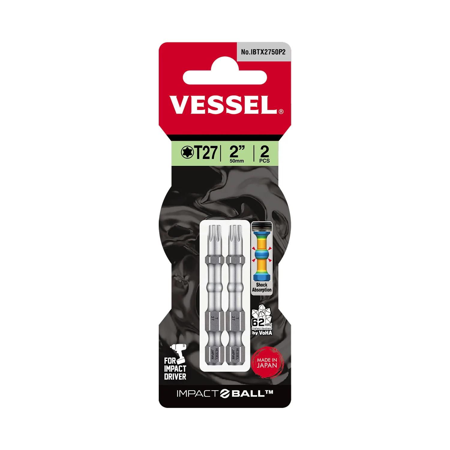 Vessel Tools IBTX2750P2 IMPACT BALL Torsion Bit (T27 x 50 mm, 2 pcs.)
